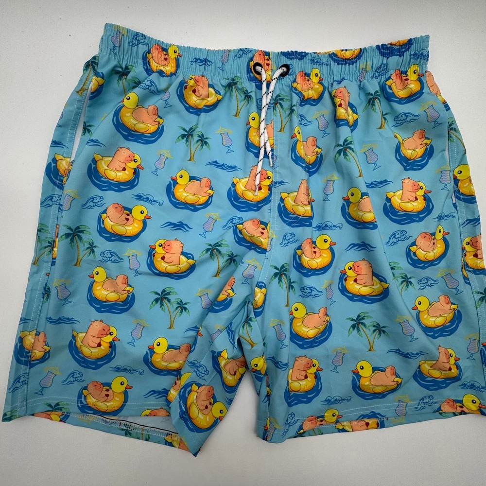 Men's‎ Funny Pig on Rubber Duck Swim Trunks Blue Tropical Print Size Large